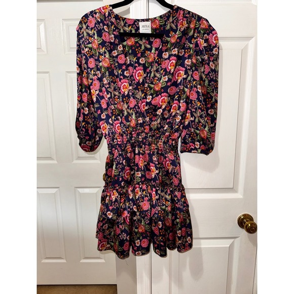 MISA Los Angeles Floral Mini‎ Dress Smocked Ruffle V Neck Short Sleeve XL - Picture 6 of 16